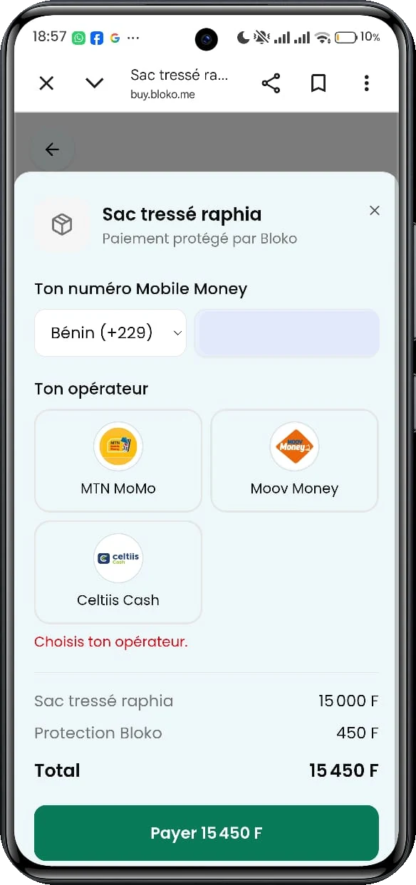 Page de paiement Bloko sur téléphone : le numéro Mobile Money, le choix de l'opérateur (MTN MoMo, Moov Money, Celtiis Cash), le détail du prix et de la protection Bloko, puis le bouton Payer.